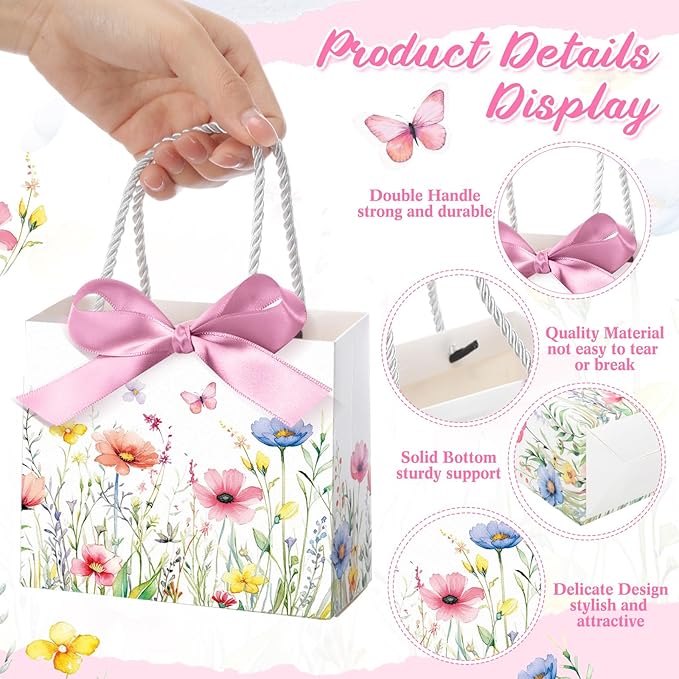 Moinchore 30 Pcs Wildflower Paper Gift Bags Bulk 5.5 x 4.7 x 2.5 in Mini Floral Favor Bags with Handles Bow Ribbon Wrap for Spring Summer Birthday Wedding Home Bridal Shower Garden Supplies