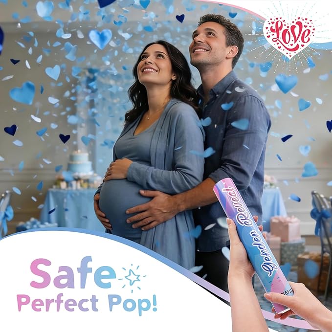 12Inches 4Pcs Gender Reveal Confetti Cannon - Heart Shaped Confetti Poppers - Blue, 4 Pack - Baby Boy Gender Reveal Party Poppers - Blue Paper Baby Party Supplies Pop Gun