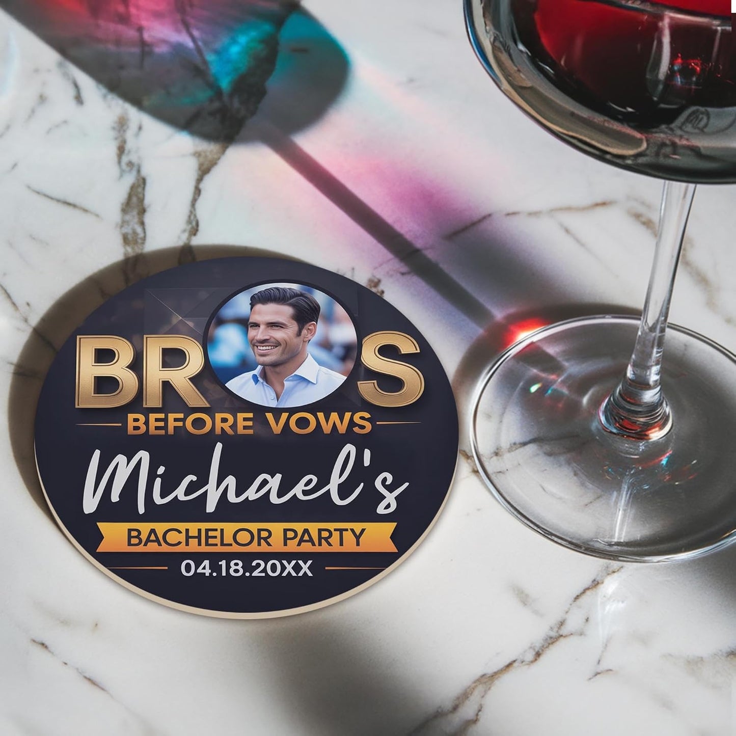 60 Pack Personalized Bachelor Party Coasters, Custom Cardboard Drink Coasters with Photo Print and Text, Fun Bachelor Party Favors and Gifts, 3.95" Round, Design 1