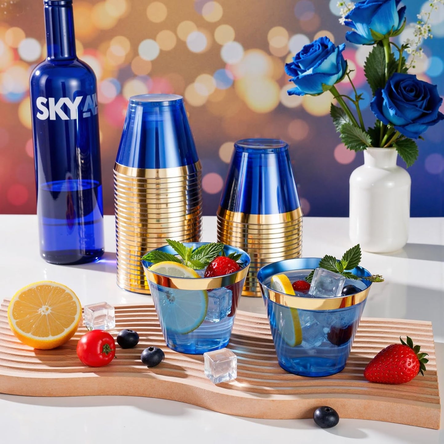 supernal 100 Pcs Blue Plastic Cups, 9oz Blue Disposable Cups with Gold Rim, Plastic Wine Cocktail Glasses Perfect for Party, Wedding and Birthday, Cute Cocktail Party Cup Disposable Wine Glasses