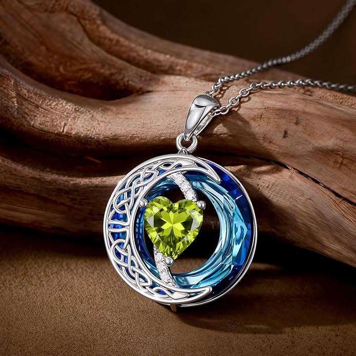 Valentines Day Gifts for Women, Birthstone Necklace for Women, Celtic Moon Pendant Blue Crystal Necklace Heart Jewelry Anniversary Jewelry Gift for Daughter Wife Mother Sister