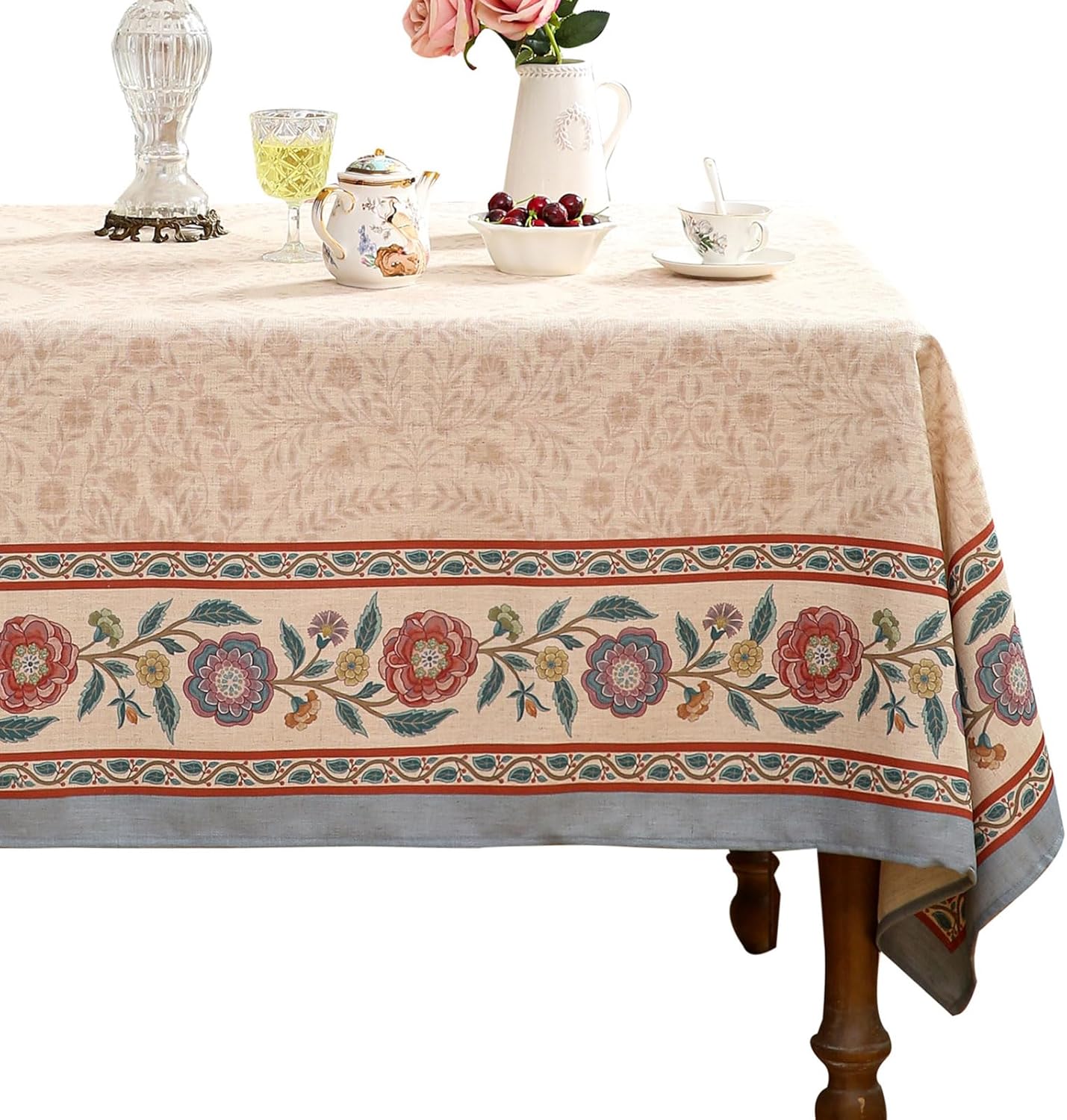 Beige Linen Small Rectangle Tablecloth,Vintage Indian Style Soft and Colorfast Floral Tablecloths,Decor Table Cover for Kitchen,Dining,Thanksgiving,Christmas,55"*71"-Flowershadow E