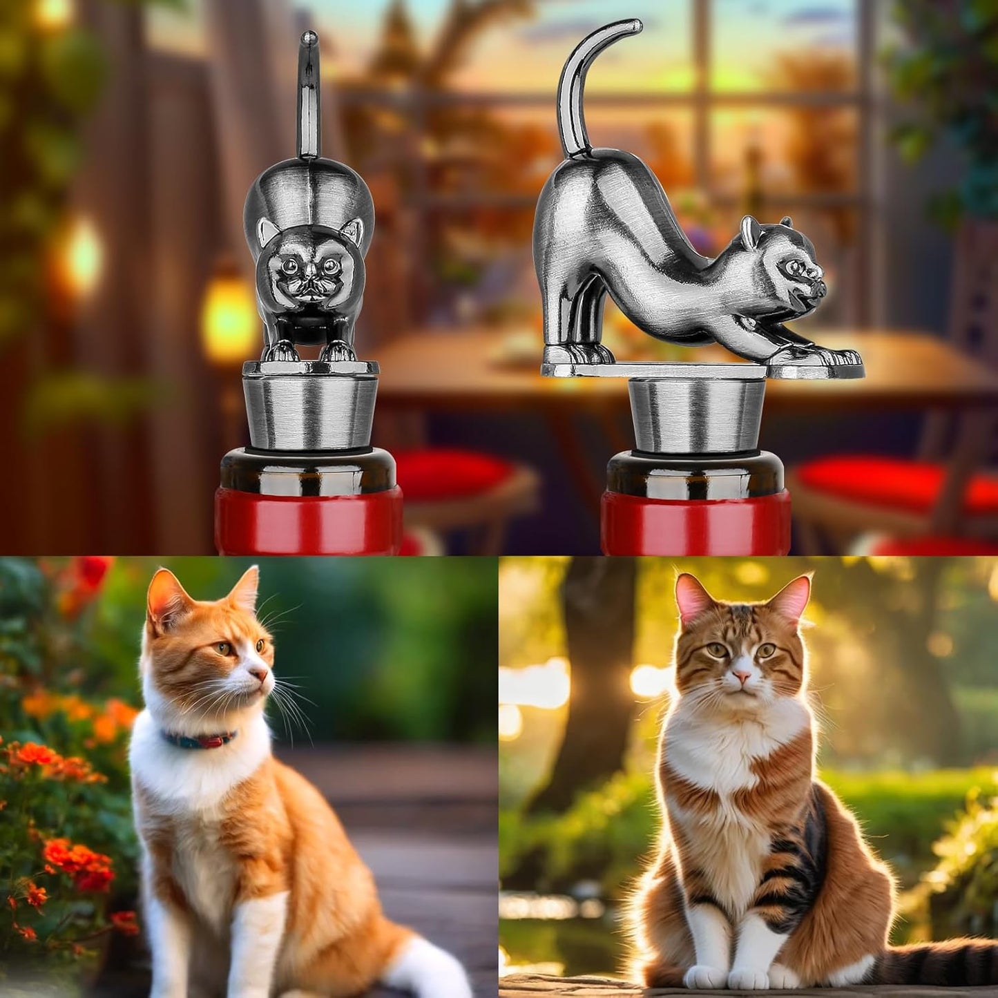 LKKCHER Cat Wine Bottle Stopper, Cat Decorative Gifts for Kitty Lovers Women Men, Birthday Fathers Day Christmas Gifts for Women Men, Silver Wine Saver with Bag