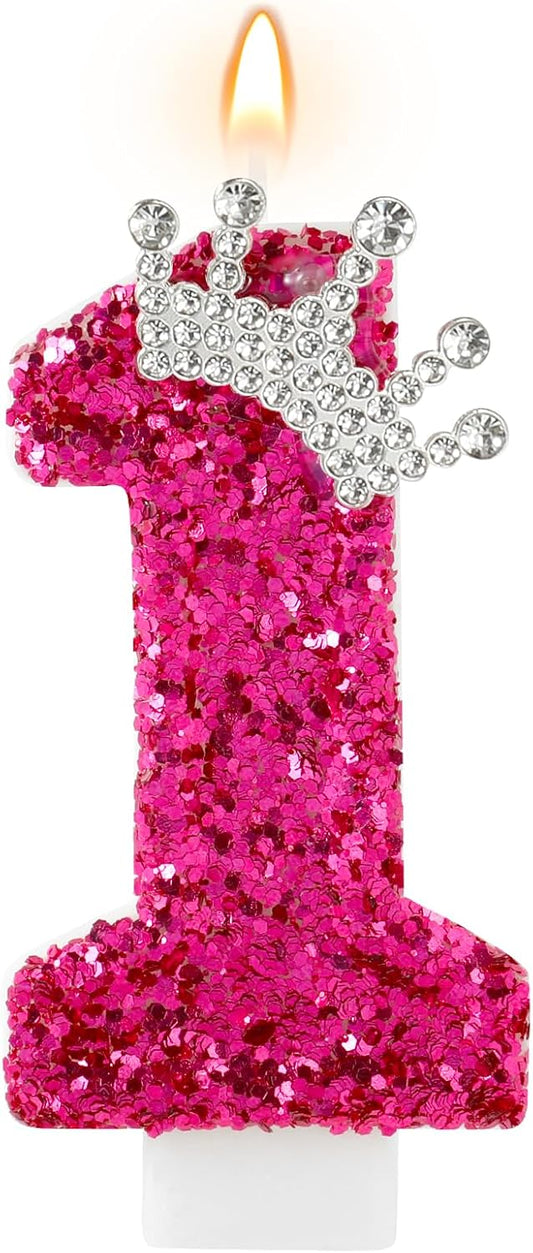 Hot Pink Birthday Candles Crown Number 1 Candle 1st Birthday Party Decorations Cake Topper Cupcake Decor for Anniversary Celebrations Supplies