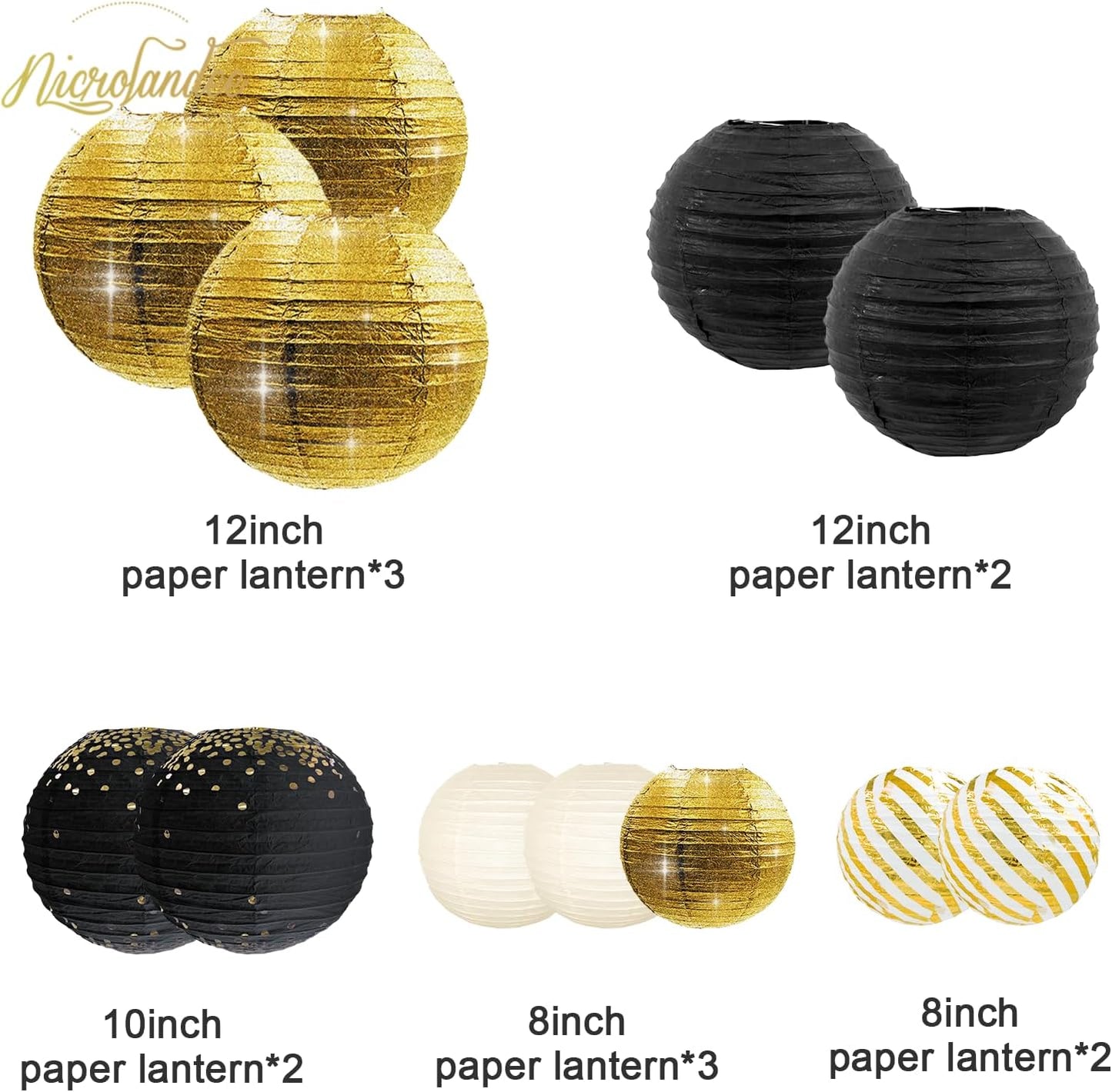 NICROLANDEE Black Gold Party Supplies - 12PCS Black and Gold Metallic Foil Paper Lanterns Decorative for Wedding, Graduation, Birthday, Baby Shower, Retirement, New Years Eve Party 2026