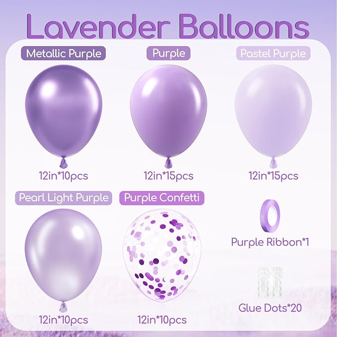 60pcs Lavender Balloons 12inch, Light Purple Balloons with Pastel Metallic Pearl Purple Confetti Balloons for Birthday Baby Shower Wedding Bridal Shower Party Decorations