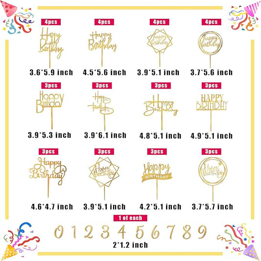 50 PCS Gold Happy Birthday Cake Topper Acrylic Cupcake Topper Pick for Birthday Cake Desserts Decorations (Gold)