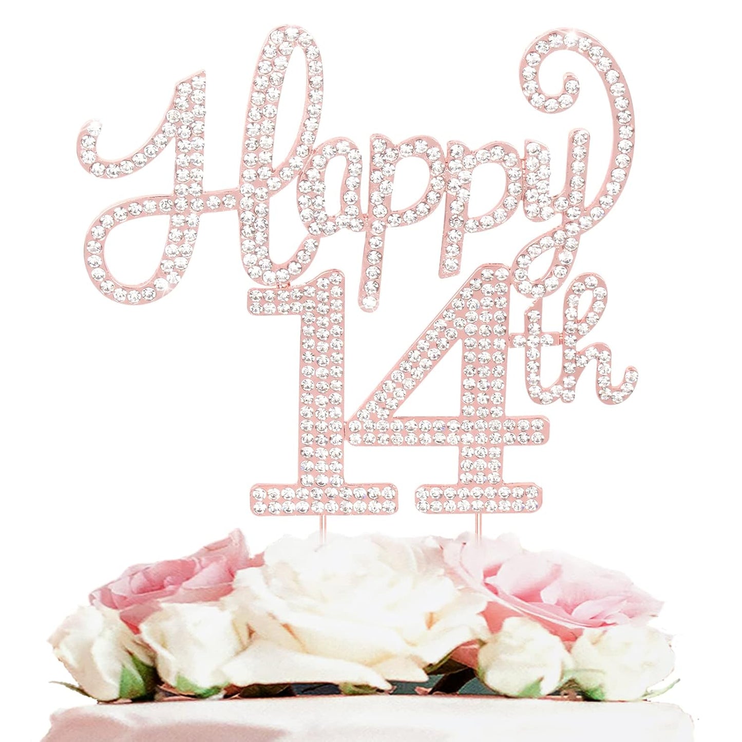LASKYER Happy 14th Birthday Rose Gold Rhinestone Cake Topper - 14th Birthday/Anniversary,Cheers to Fourteen Years Old Bday Party Metal Sparkly Centerpieces Decorations.