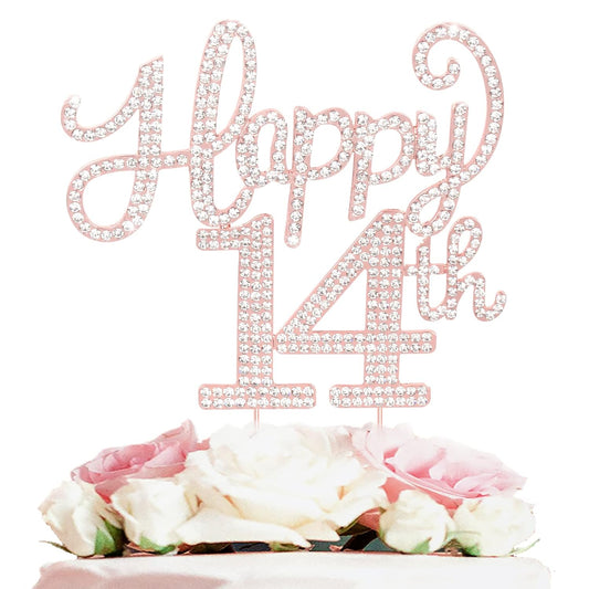 LASKYER Happy 14th Birthday Rose Gold Rhinestone Cake Topper - 14th Birthday/Anniversary,Cheers to Fourteen Years Old Bday Party Metal Sparkly Centerpieces Decorations.