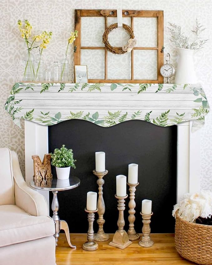 Eucalyptus Leaves Fireplace Mantel Scarf Table Runner, Summer Pastoral Botanical Gray Wooden Winter Garland Mantel Top Tablerunners Dresser Scarves Decorations for Windows Party Living Room 60''x17''