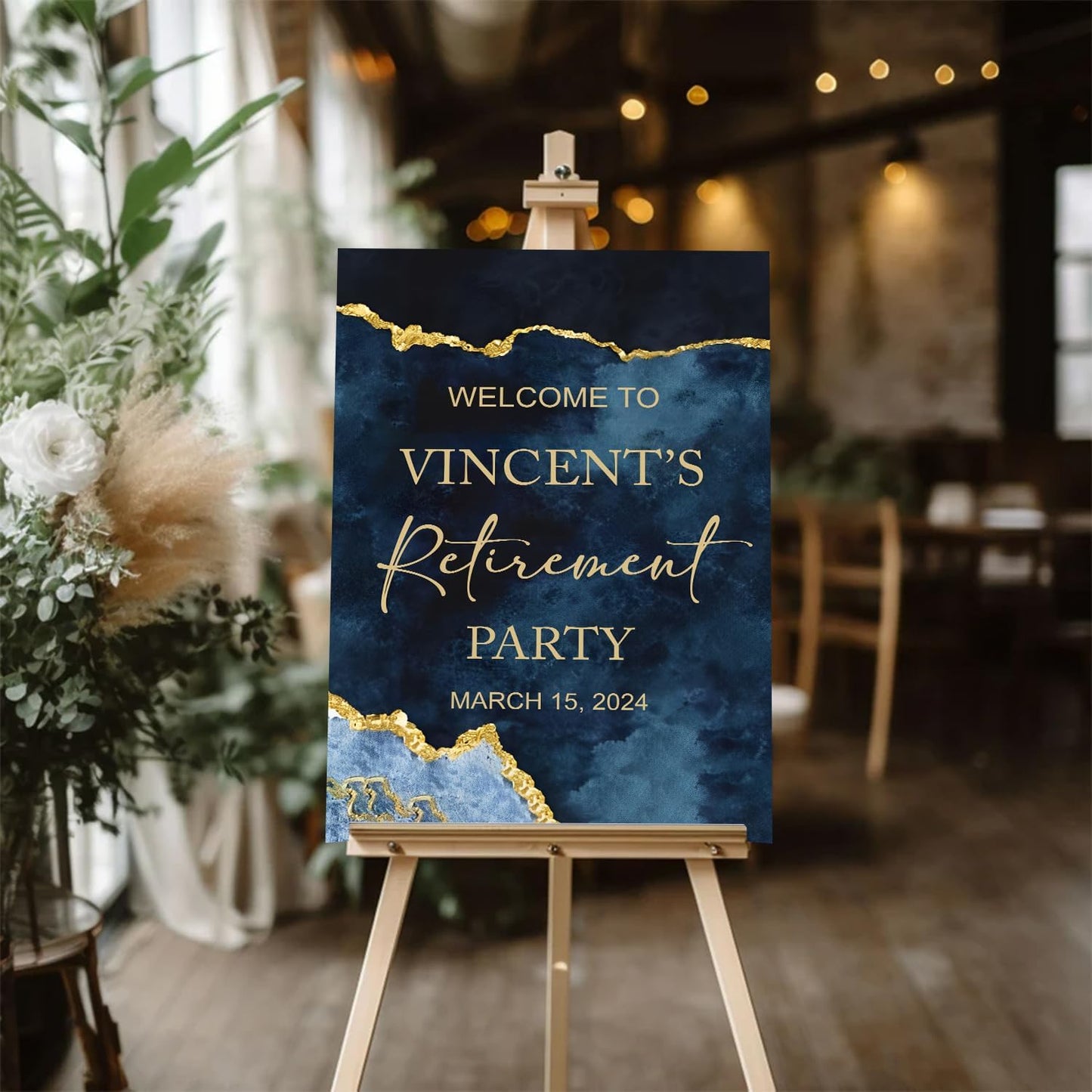 Editable Agate Retirement Party Welcome Sign, Blue & Gold, PVC, 12' x 18', 24' x 18', 27' x 18', 36' x 24', Weather Resistant, Double-Sided, Modern, Rectangular Yard Sign