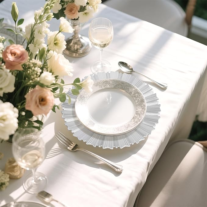 6 Pcs Silver Charger Plates,13 Inch Elegant Fluted Edge Plastic Charger Plates Reusable Table Chargers for Dinner Birthday Wedding Party Bridal Showers Tableware Dishes Luxury Decor