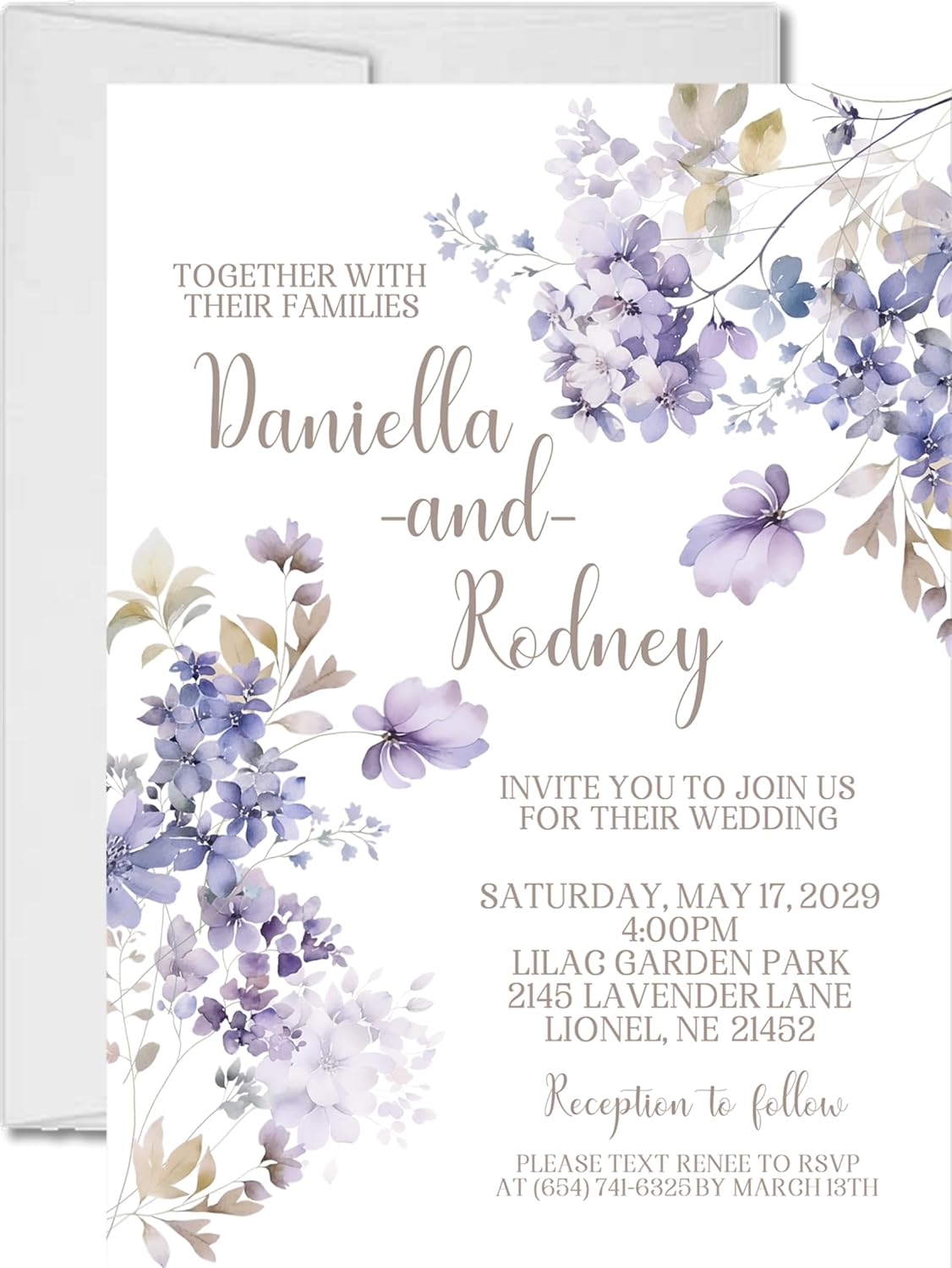 Lavender & Purple Wedding Invitations, Garden Floral, Personalized, Set of 12 Invitations with Envelopes