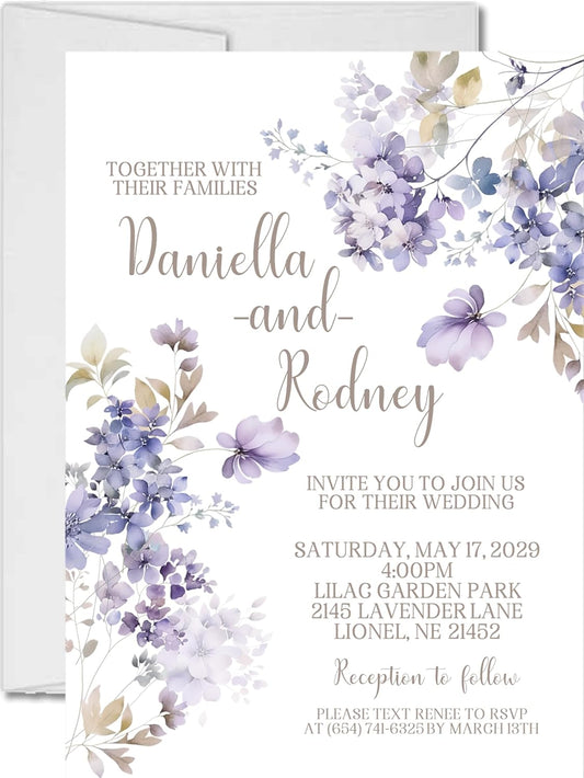 Lavender & Purple Wedding Invitations, Garden Floral, Personalized, Set of 12 Invitations with Envelopes