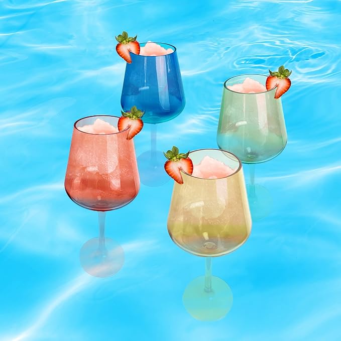 Floating Wine Glasses for Pool (18 Oz | Set of 2) - Wine Glass Set That Float | Shatterproof Poolside Wine | Beach Glass | Outdoor Tritan Plastic Glassware with Stem for Patio, Picnic - Tan Beige