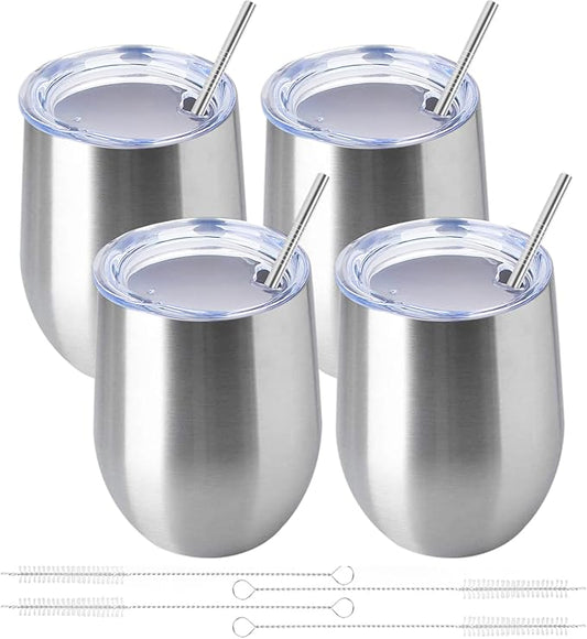 12oz/4 Pack Wine Tumbler Glasses with Lid Stemless Double Wall Vacuum Stainless Steel Travel Tumbler Keeping Cold & Hot for Wine,Coffee,Cocktails,Christmas Drinks-Family and Gifts(4 Pack-Sliver)