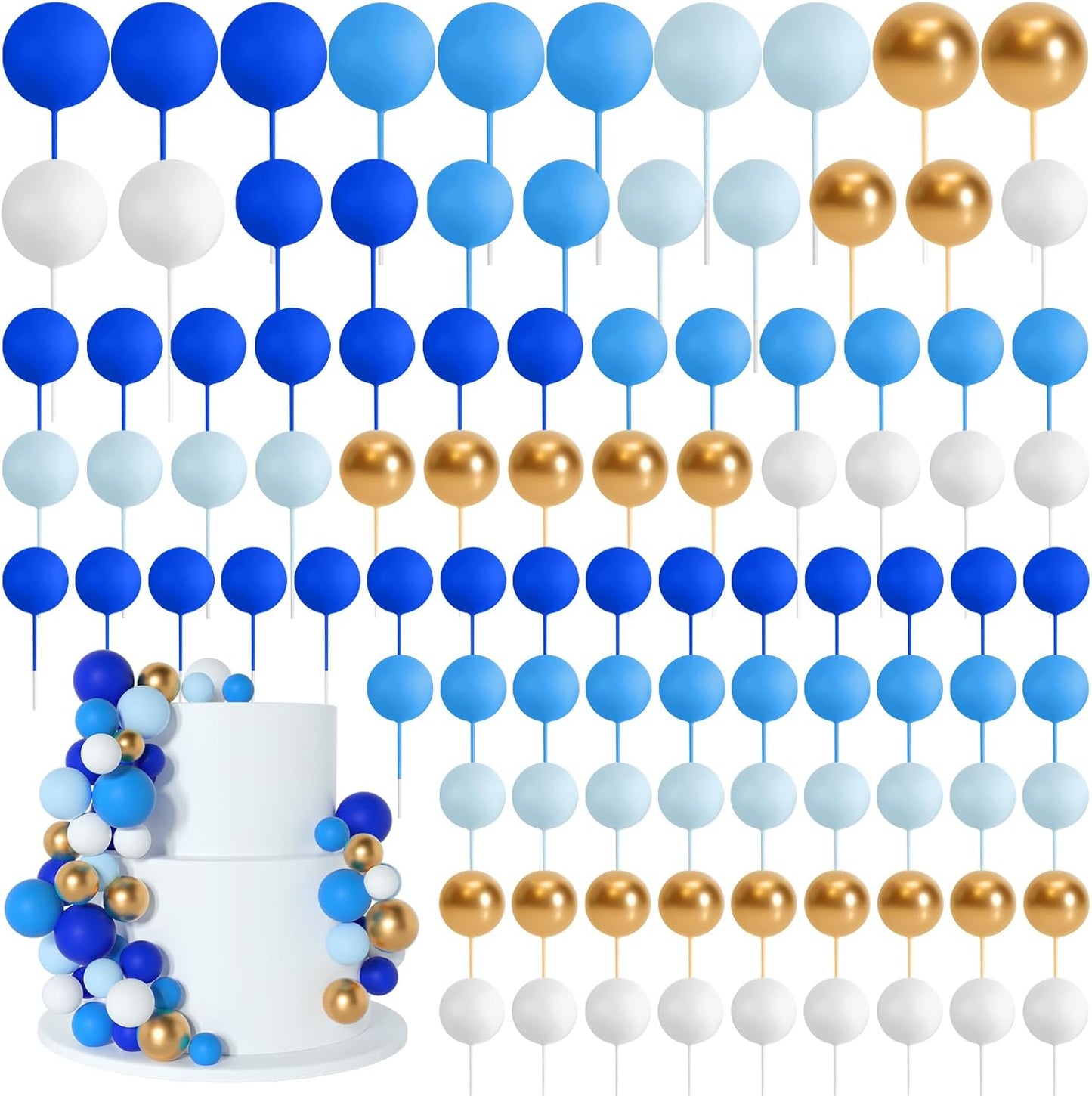 138 Pcs Balls Cake Topper Decorations Balloon Cupcake Toppers Foam Multisize Cake Topper Balls for Birthday Party Wedding Anniversary(Blue,White,Gold)