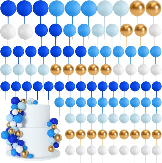 138 Pcs Balls Cake Topper Decorations Balloon Cupcake Toppers Foam Multisize Cake Topper Balls for Birthday Party Wedding Anniversary(Blue,White,Gold)