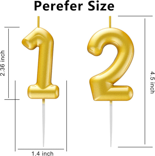 Gold Number 12 Candle Happy Birthday 3D Number Candles for Birthday Cake Party Decoration Wedding Anniversary Celebration Supplies