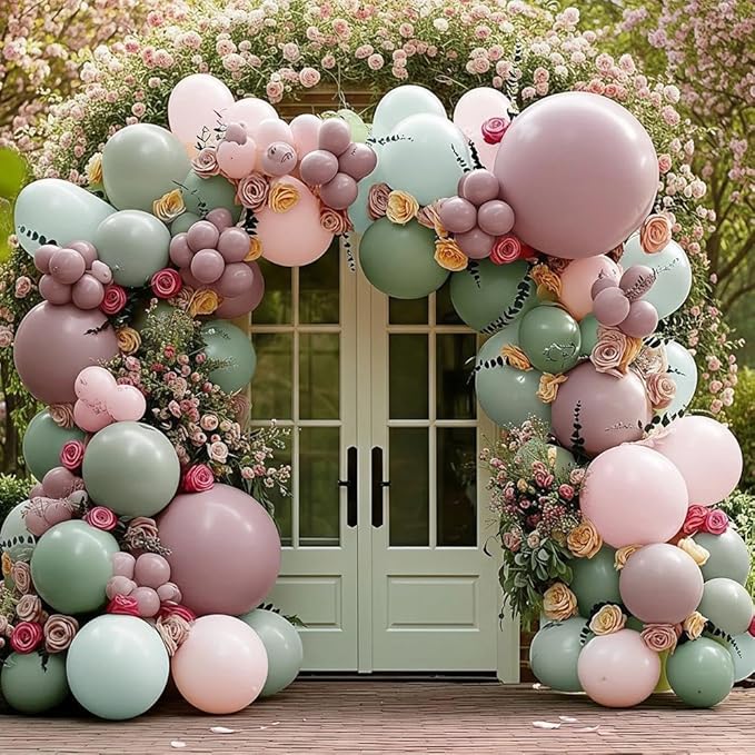Pink Green Balloon Arch with Artificial Flowers Double Stuffed Dusty Light Pink Sage Green Balloon Garland Kit Eucalyptus Leaves for Baby Bloom Birthday Bridal Shower Wildflower Tea Party Decorations