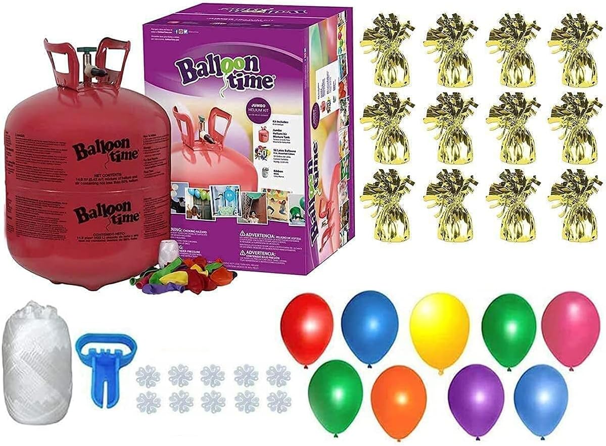 Helium Tank for Balloons At Home, 50 Balloons and White Ribbon, 12 Gold Balloon Weights, Plus Balloon Tying Tool