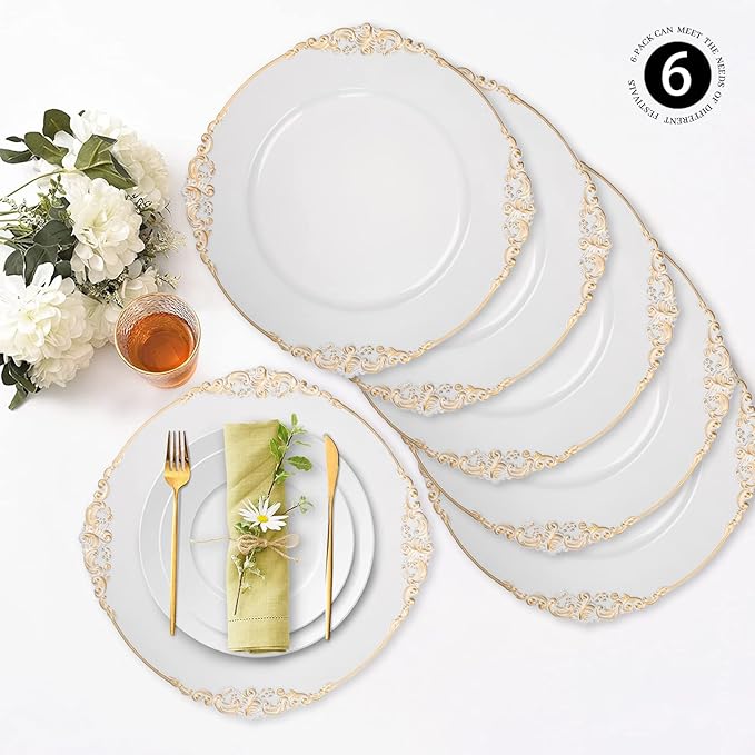 MAONAME White Charger Plates with Gold Rim, Round Antique Plate Chargers for Dinner Plates, 13" Plastic Charger for Wedding Table Setting, Set of 6