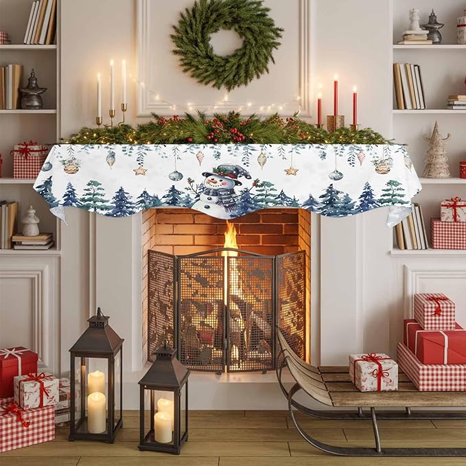 Blue Snowman Christmas Fireplace Mantel Scarf Table Runner, Green Eucalyptus Leaves Xmas Tree Winter Garland Mantel Top Tablerunners Dresser Scarves Cover for Windows Party Living Room 70''x17''