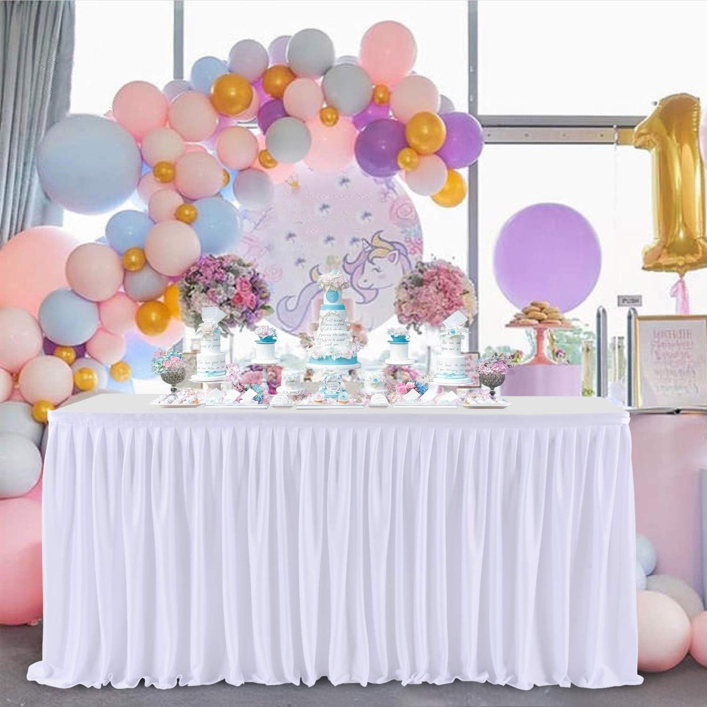 9ft White Table Skirts for Rectangle Tables Polyester Pleated Table Skirt Desk Skirts Ruffle Table Skirt Tablecloth for Wedding Birthday Party Baby Bridal Shower Banquet Table Decoration