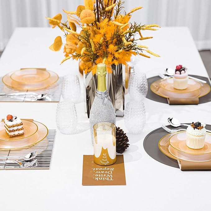 N9R 60PCS Orange Plastic Plates with Gold Rim, Elegant Disposable Plates, Circular Ribbed Design, 30 Dinner & 30 Dessert Plate for Parties, Weddings, Banquets and Events (Translucent Orange)