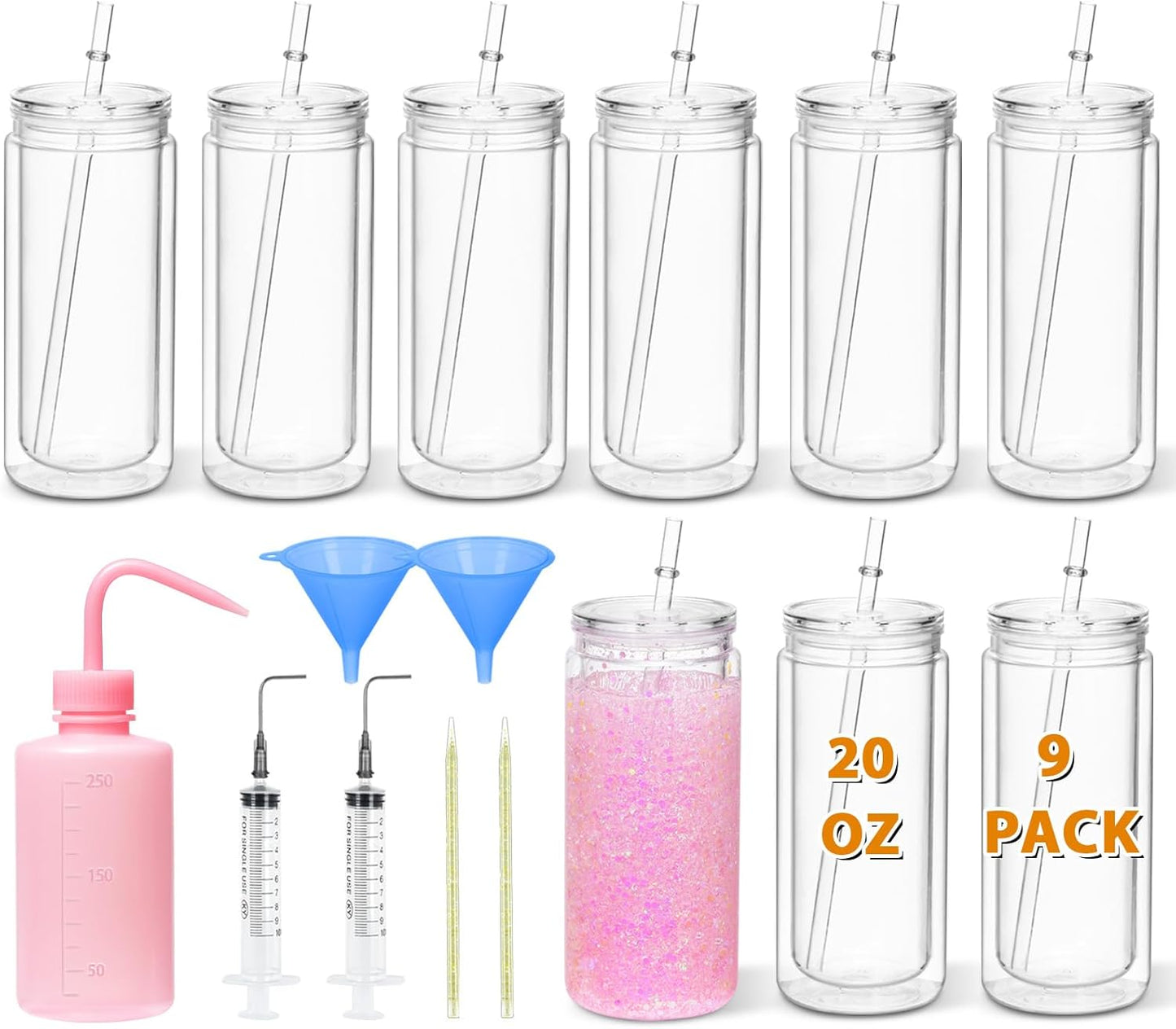 20 Oz Acrylic Snowglobe Tumbler Including Diy Kit, 9 Pack Pre-Drilled Double Wall Plastic Snowglobe Cup for Glitter Snow Globe Diy