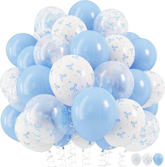 Blue Bow Balloons – 12 Inch Pastel Light Blue Transparent Coquette Bow Print Latex Balloons for Birthday & Baby Shower