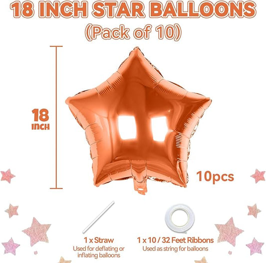 18 Inch Orange Star Foil Balloons, 10PCS Orange Foil Stars Shape Balloons, Big Metallic Stars Balloon Helium Pentagram Balloon for Birthday, Halloween, Thanksgiving Day, Fall Party Decoration