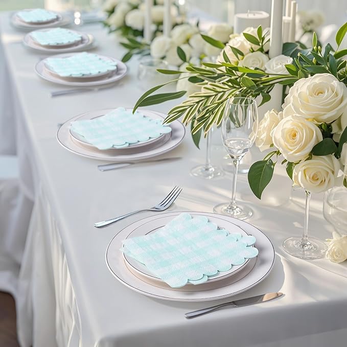 100 Pcs Blue Napkins Scalloped Plaid Cocktail Napkins Folded 5 x 5 Inches Disposable Napkins for Wedding Birthday Party
