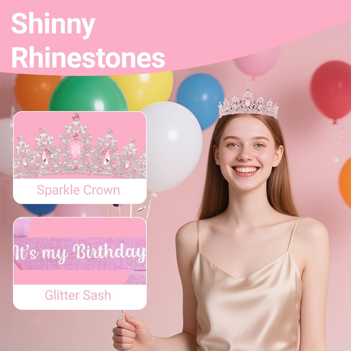 Birthday Tiara and Crown with Sash, Birthday Tiara for Women Party (Pink)