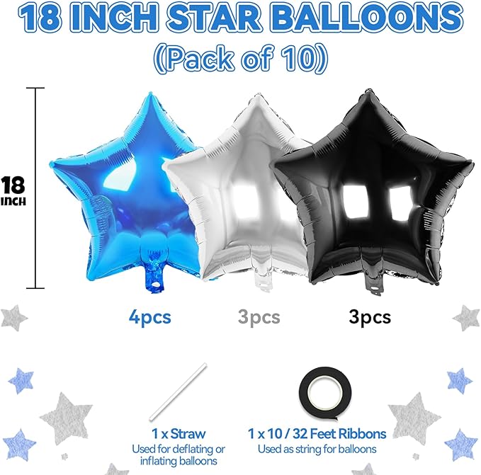 Blue Black Silver Star Foil Balloons, 10PCS Foil Stars Shape Balloon, 18 Inch Metallic Star Pentagram Balloons Helium for Boys Men, Graduation, Baby Shower, Wedding, Space Birthday Party Decoration
