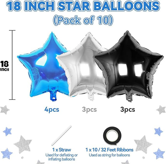 Blue Black Silver Star Foil Balloons, 10PCS Foil Stars Shape Balloon, 18 Inch Metallic Star Pentagram Balloons Helium for Boys Men, Graduation, Baby Shower, Wedding, Space Birthday Party Decoration