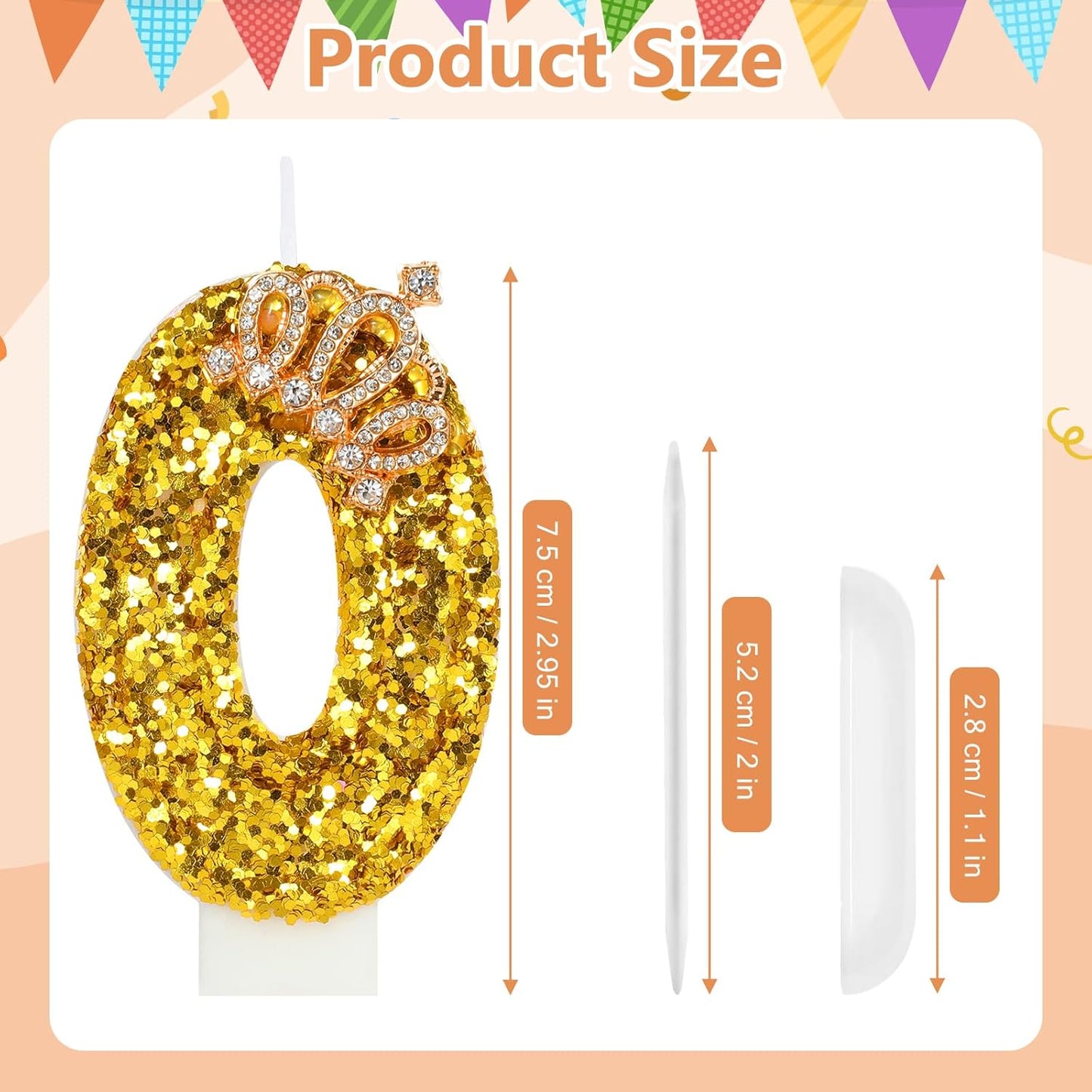 Gold Birthday Candle Crown Number 0 Candle with Sequins Cake Candles Cupcake Decorations Party Decor for Anniversary Celebrations Supplies