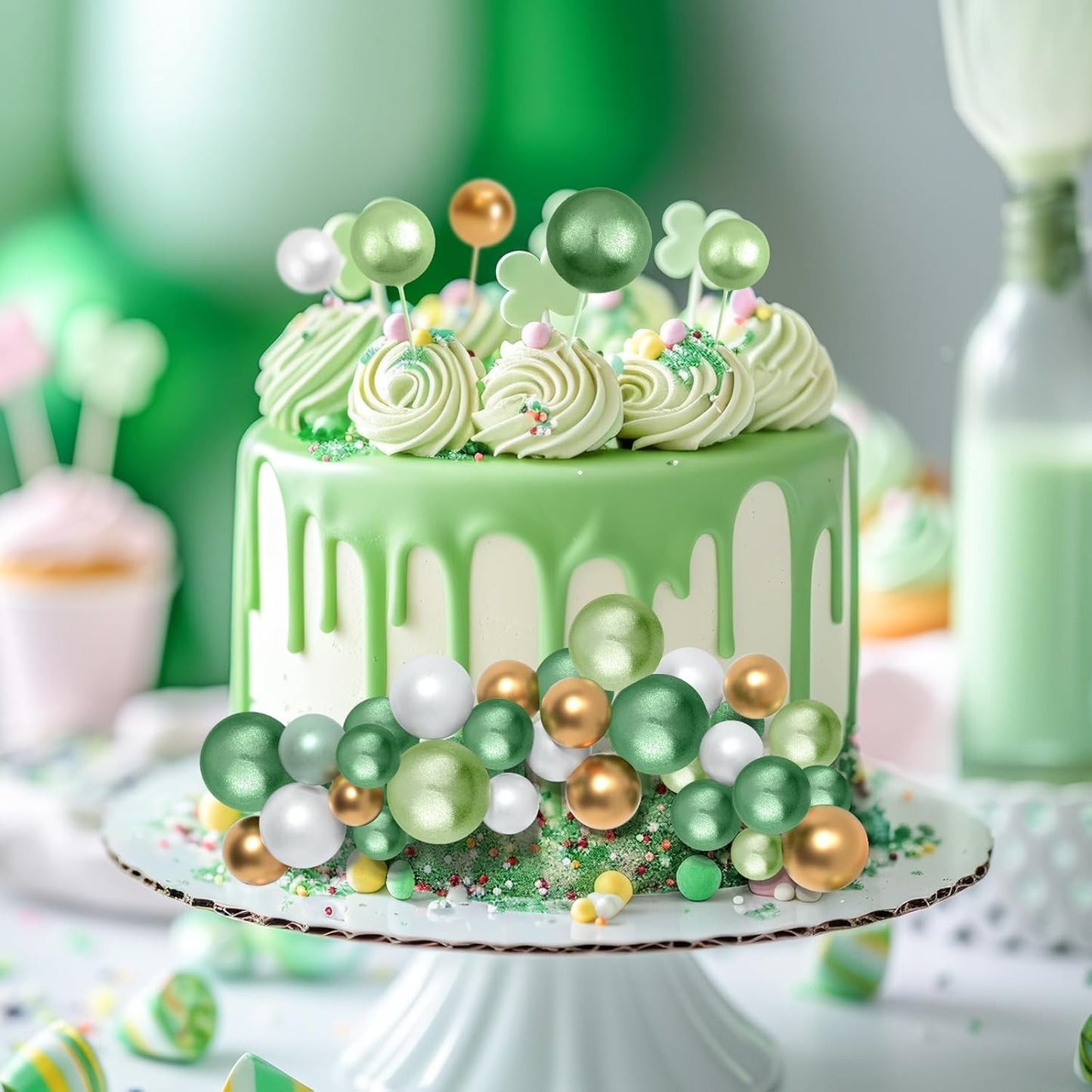 138 Pcs Balls Cake Topper Decorations Balloon Cupcake Toppers Foam Multisize Cake Topper Balls for Birthday Party Wedding Anniversary(Assorted Green,White,Gold)