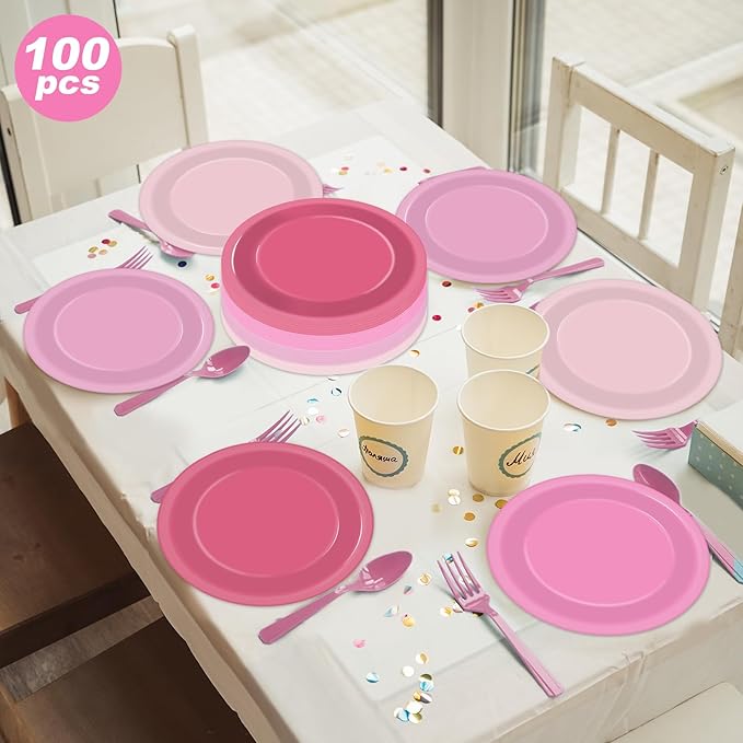 100Pcs Valentines Day Pink Paper Plates 9 Inch Gradient Pink Color Plates Disposable Round Dessert Plates Solid Color Plates Tableware Decorations for Girl Birthday Wedding Baby Shower Party Supplies