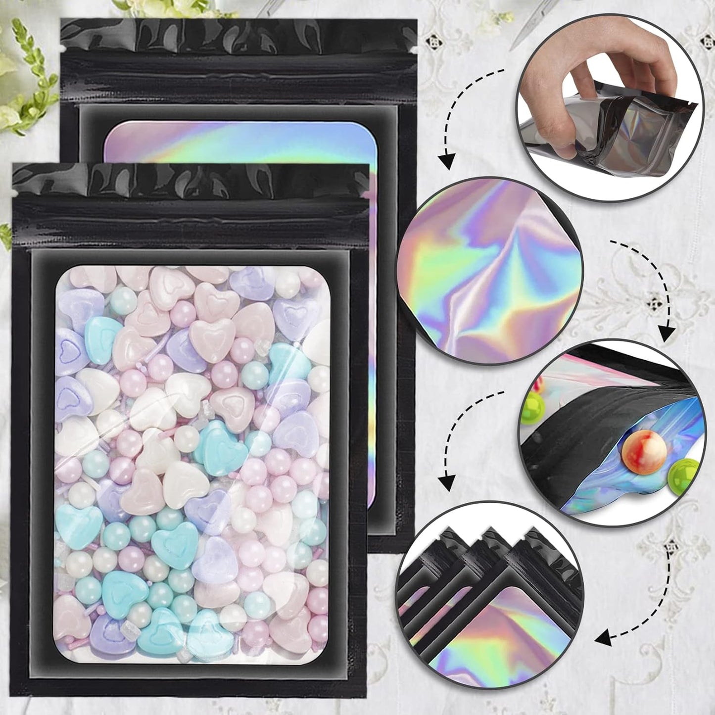 100 Pieces Smell Proof Mylar Bags, Holographic Packaging Bags, Resealable Odor Foil Pouch Zipper Bag with Clear Window for Food Storage and Lipgloss, Jewelry Lash (Black, 4 x 6 Inch)