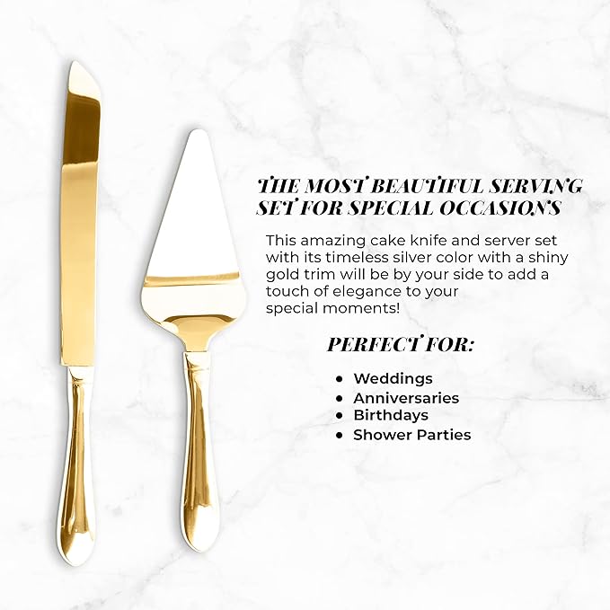 Cake Cutting Set for Wedding Cake Knife and Server Set, Cake Cutter and Pie Spatula,Cake Serving Set Serrated Blade,Thickened Stainless Steel Rounded Edge, Birthdays, Anniversaries,Parties 2 Pcs, Gold