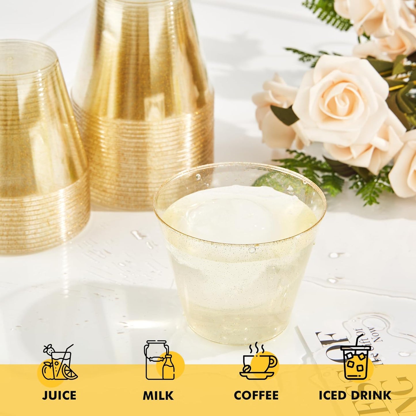 RACETOP 100 Pack 9 oz Gold Plastic Cups Tumbler, Disposable Cups with Gold Glitter for Party, Heavy-duty Clear Plastic Wine Glasses, Disposable Wedding Cups