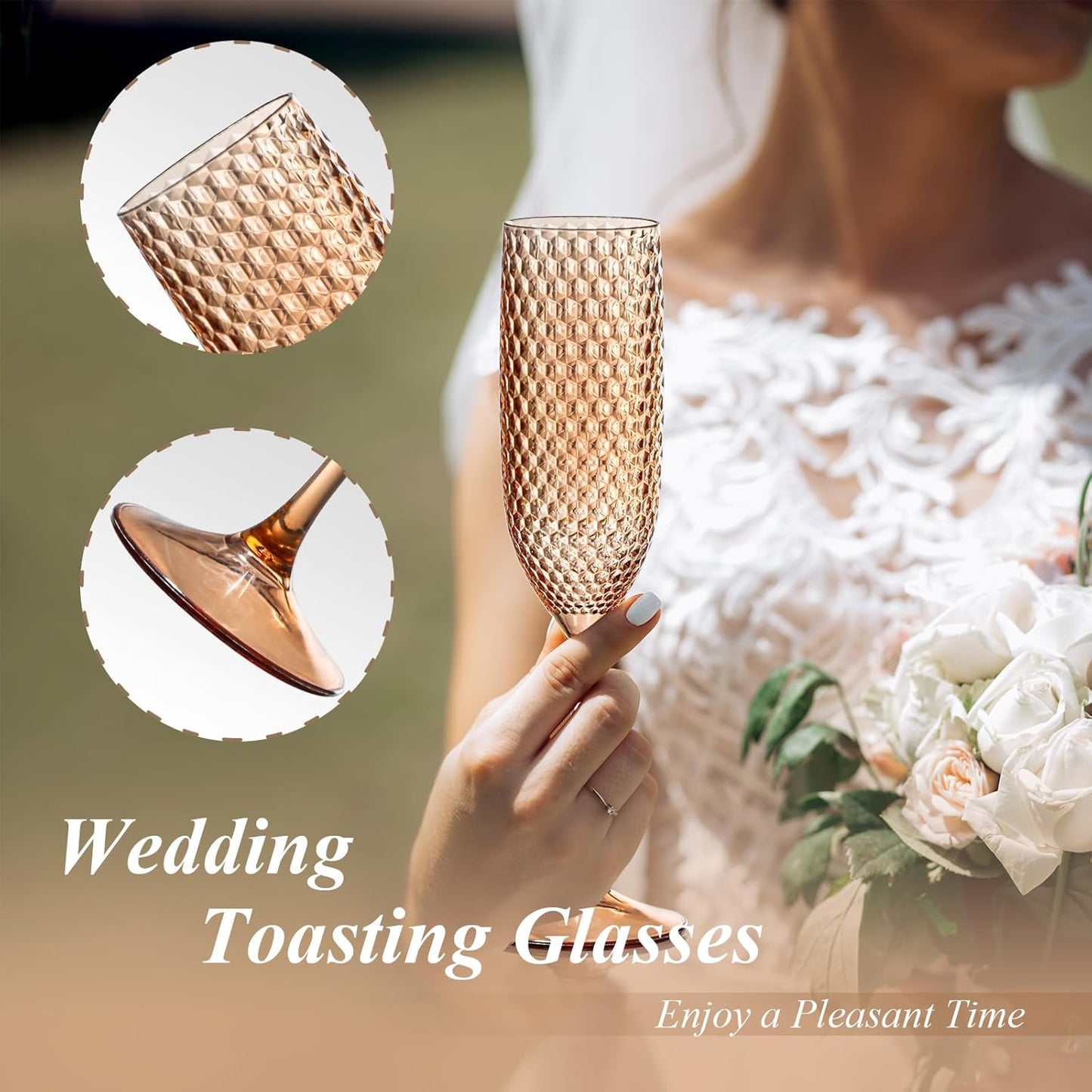 12 Pack Plastic Champagne Flutes - Rose Gold Goblet Glasses, Unbreakable Wedding Toasting Diamond Wine Crystal Cups, Clear Drinking Glasses 5.5 OZ for Bridal Shower