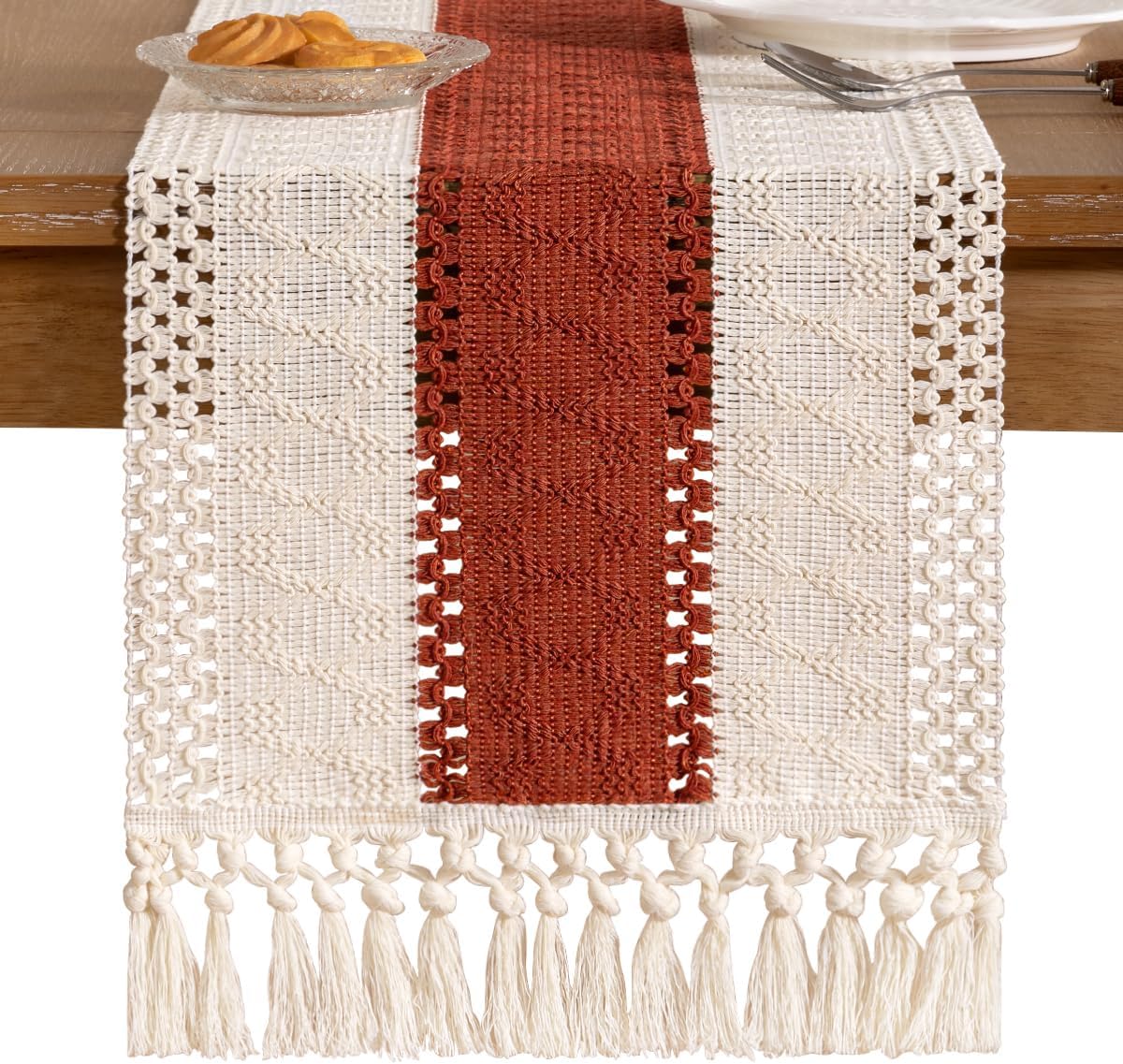 Socomi Boho Table Runner Fall Thanksgiving Farmhouse Rustic Dining Kitchen Small Macrame Woven Cotton Linen Coffee Table Runner for Dresser Scarf Home Decor 12x48 inch Terracotta Ivory