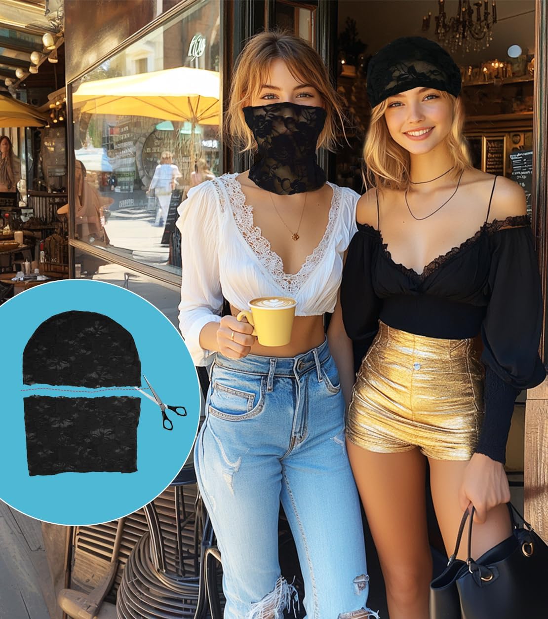 Floral Lace Full Face Mask, Wrist Cuff, Hair Bibbon for Photography Halloween Cosplay DIY Enthusiasts
