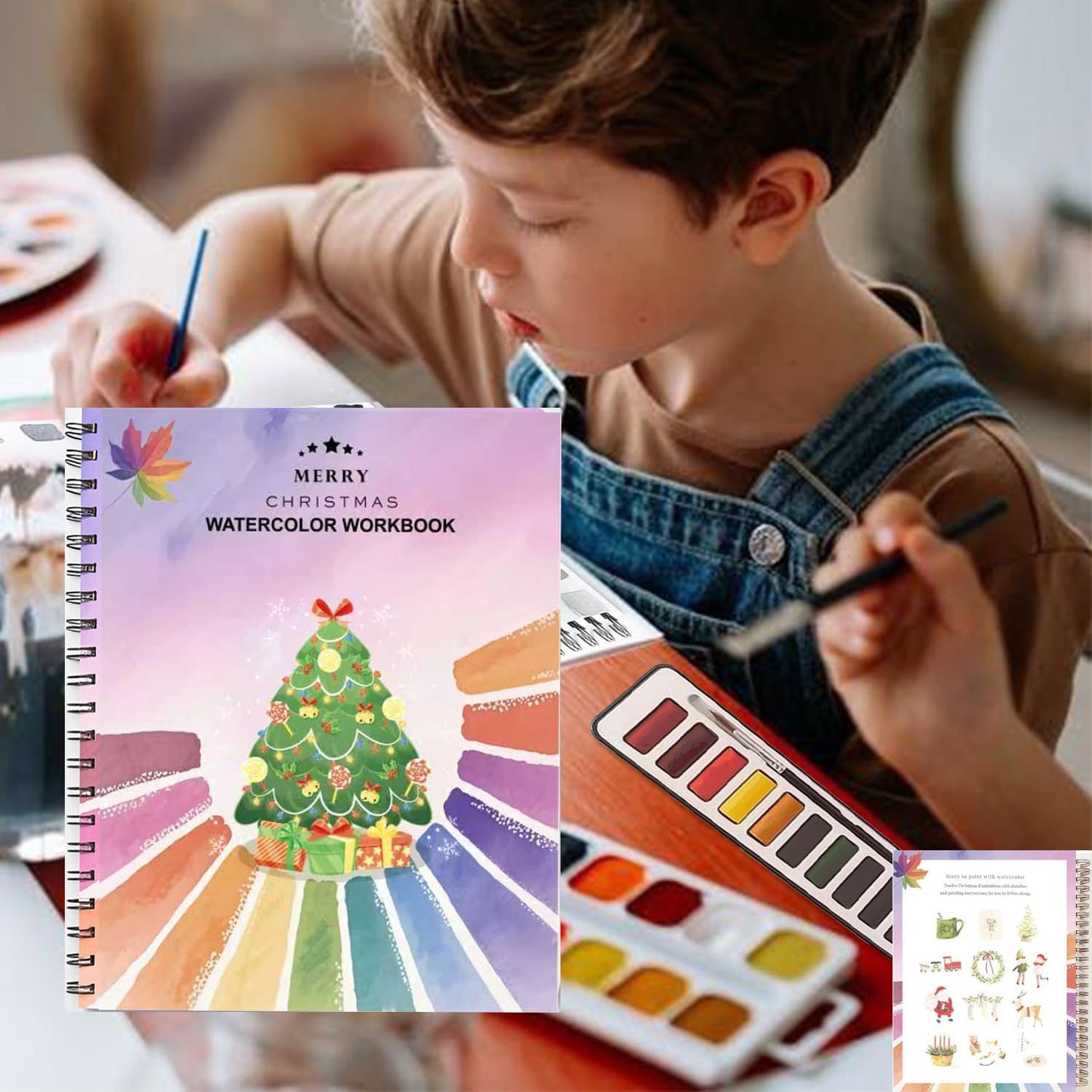 Watercolor Workbooks, Beginner Watercolor Painting Kit – 12 Colors Paint Set with Brush (Christmas)