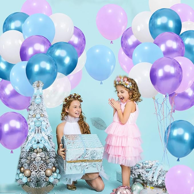 Blue and Purple Balloons, 60pcs 12Inch Macaron Metallic Blue Purple Snowflake Confetti Latex Balloons with Ribbon for Girls Party Snowflake Ice Snow Theme Birthday Party Decoration