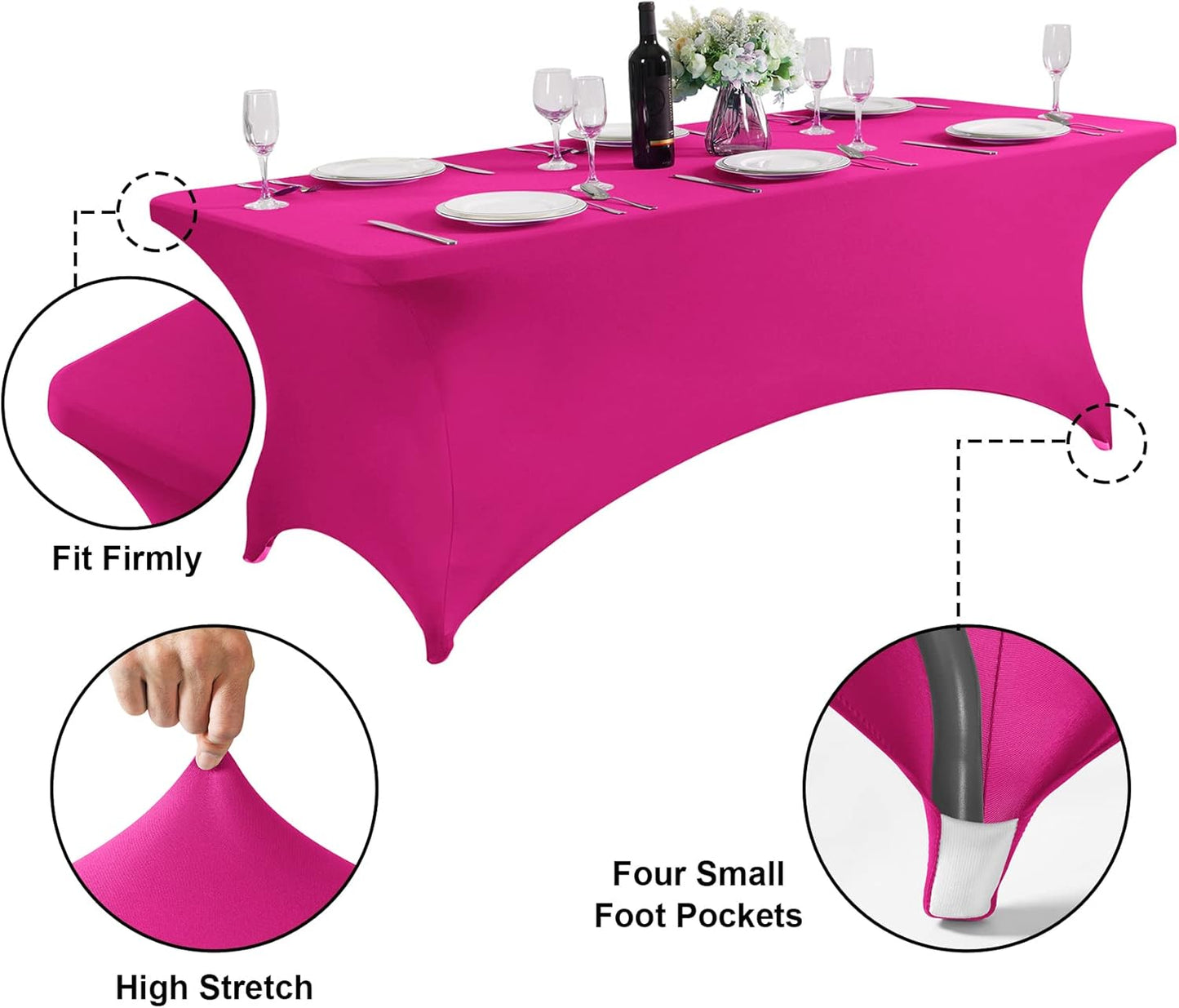 SuperO 2Pack Waterproof Spandex Table Cover for 8FT Table Universal Fitted Stretch Tablecloth for Party, Banquet, Wedding and Events-Fuchsia