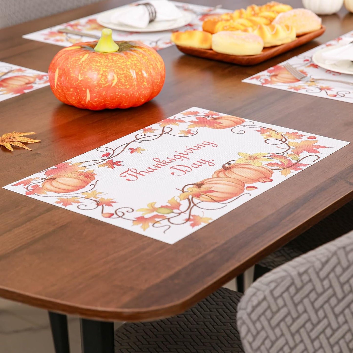 Thanksgiving Placemats Set of 4 Fall Place Mats Pumpkin Maple Leaves Table Mats Washable Non-Slip Heatproof Woven Placemats for Dining Table (17.7" X 11.8")