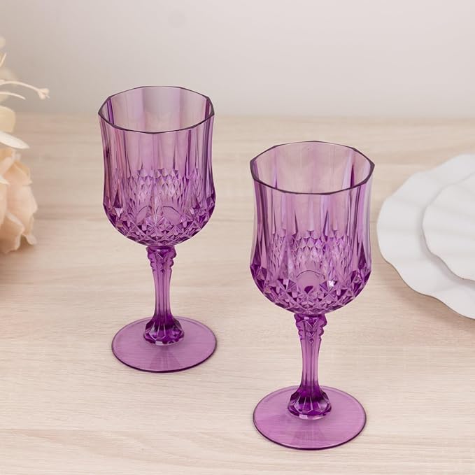 Efavormart 6-Pack Plastic Wine Glasses 8oz, Purple - Crystal Cut Shatterproof Cocktail Goblets Drinking Glasses